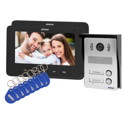 Zestaw wideodomofonowy 2-rodzinny bezsłuchawkowy, kolor, LCD 7 cal z czytnikiem breloków zbliżeniowych ORNO (OR-VID-VP-1071/B)