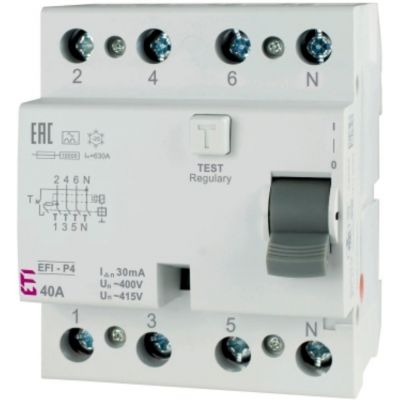 Wyłącznik różnicowoprądowy - z funkcją Reset EFI-P4R A 25/0.1 3P+N  25A 100mA Typ A 002061871 ETI (002061871)