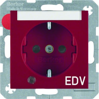 BERKER B.Kwadrat Gniazdo SCHUKO z uziemieniem, diodą kontrolną LED i pole opisowe, nadruk EDV czerwony 41108915 (41108915)