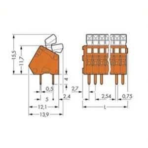 Listwa zaciskowa do płytek drukowanych 3-torowa 2 piny/biegun raster 2,54mm z przyciskami pomarańczowa 233-503 WAGO (233-503)