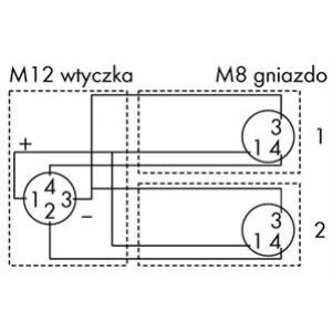 przewód rozgałęźny 2xM8/M12 gniazdo kątowe/wtyczka prosta 1m (756-5514/040-010)