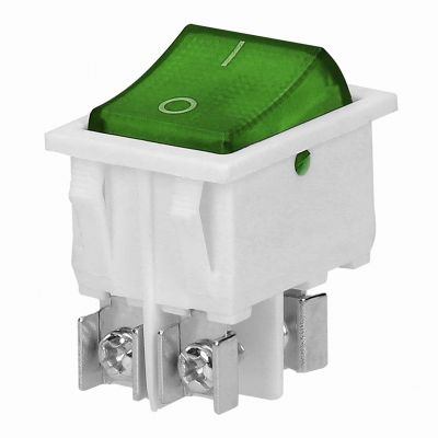 Łącznik kołyskowy podświetlany, przycisk zielony, biała obudowa, 20(10)A / 250VAC ORNO (OR-AE-13179/G/W)