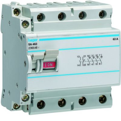 HAGER Modułowy rozłącznik izolacyjny z możliwością wyzwalania 4P 63A 400VAC, wyposażony w styk pomocniczy SA463 (SA463)