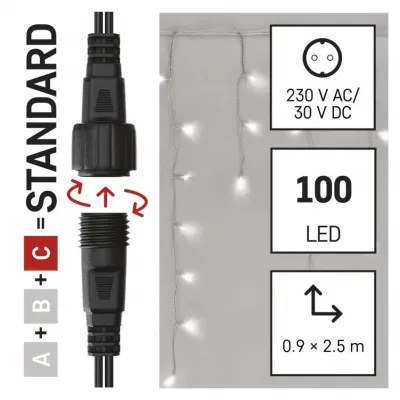 Sople lampki łączone standard 100LED 2,5 m zimna biel + zimna biel miga IP44 timer EMOS (D1CC02)