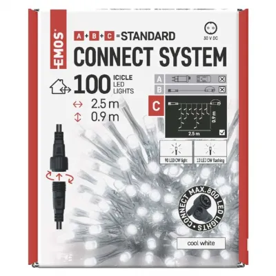 Sople lampki łączone standard 100LED 2,5 m zimna biel + zimna biel miga IP44 timer EMOS (D1CC02)