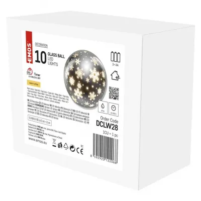 Dekoracje - LED szklana świąteczna ozdoba 10 LED, 12 cm 3x AA ciepła biel, IP20, timer DCLW28 EMOS (DCLW28)