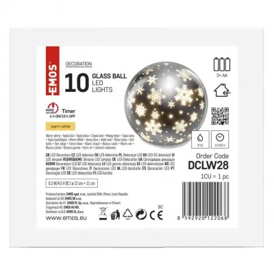 Dekoracje - LED szklana świąteczna ozdoba 10 LED, 12 cm 3x AA ciepła biel, IP20, timer DCLW28 EMOS (DCLW28)