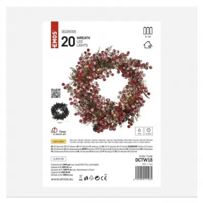 Wieniec świąteczny 20 LED wianek 38 cm 3x AA biały ciepła biel IP20 timer EMOS (DCTW18)