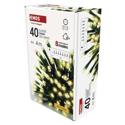 Lampki choinkowe Classic 40 LED 4m ciepła biel zielony przewód IP44 8 programów timer EMOS (D4AW21)