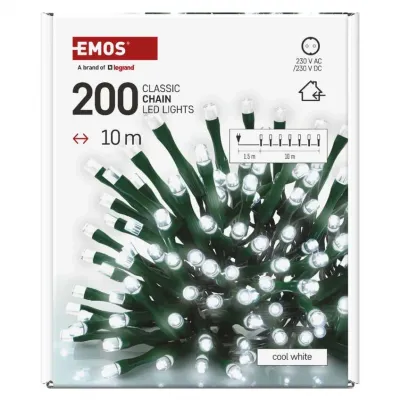 Lampki choinkowe Classic 200 LED 10m zimna biel zielony przewód IP20 EMOS (D4GC03)
