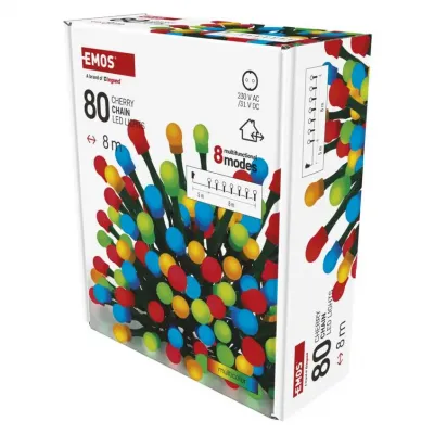 Lampki choinkowe 80 LED cherry 8m multikolor zielony przewód IP44 8 programów timer EMOS (D5AM22)