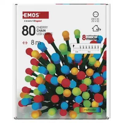 Lampki choinkowe 80 LED cherry 8m multikolor zielony przewód IP44 8 programów timer EMOS (D5AM22)