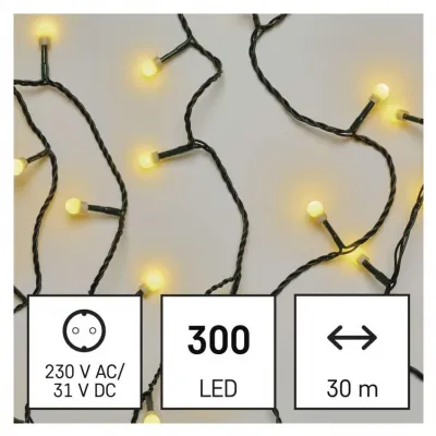 Lampki choinkowe 300 LED cherry 30m ciepła biel zielony przewód IP44 8 programów timer EMOS (D5AW24)