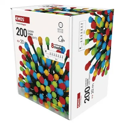 Lampki choinkowe 200 LED cherry 20m multikolor zielony przewód IP44 8 programów timer EMOS (D5AM23)