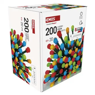 Lampki choinkowe 200 LED cherry 20m multikolor zielony przewód IP44 8 programów timer EMOS (D5AM23)