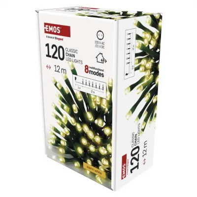 Lampki choinkowe Classic 120 LED 12m ciepła biel zielony przewód IP44 8 programów timer EMOS (D4AW23)