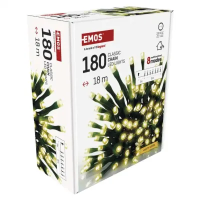 Lampki choinkowe Classic 180 LED 18m ciepła biel zielony przewód IP44 8 programów timer EMOS (D4AW24)