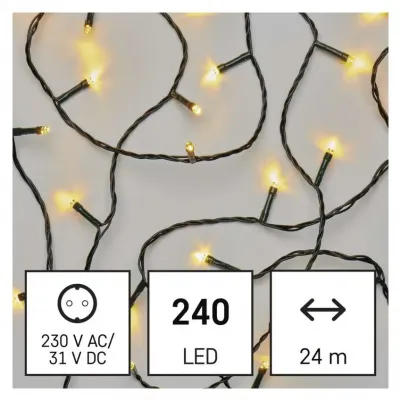 Lampki choinkowe Classic 240 LED 24m ciepła biel zielony przewód IP44 8 program. timer EMOS (D4AW25)