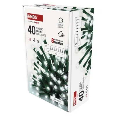 Lampki choinkowe Classic 40 LED 4m zimna biel zielony przewód IP44 8 programów timer EMOS (D4AC21)