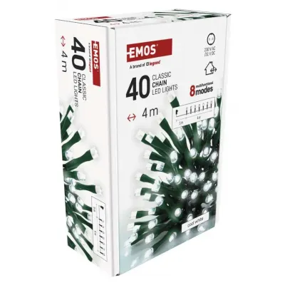 Lampki choinkowe Classic 40 LED 4m zimna biel zielony przewód IP44 8 programów timer EMOS (D4AC21)