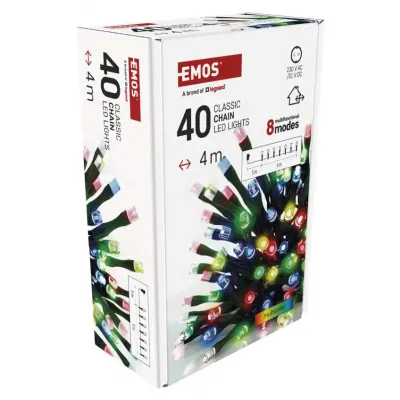 Lampki choinkowe Classic 40 LED 4m multikolor zielony przewód IP44 8 programów timer EMOS (D4AM21)