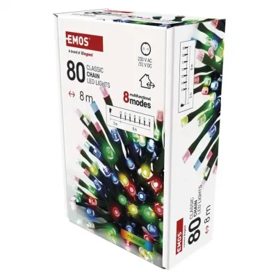 Lampki choinkowe Classic 80 LED 8m multikolor zielony przewód IP44 8 programów timer EMOS (D4AM22)