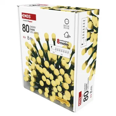 Lampki choinkowe 80 LED cherry 8m ciepła biel zielony przewód IP44 8 programów timer EMOS (D5AW22)