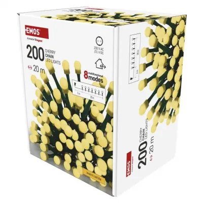 Lampki choinkowe 200 LED cherry 20m ciepła biel zielony przewód IP44 8 programów timer EMOS (D5AW23)