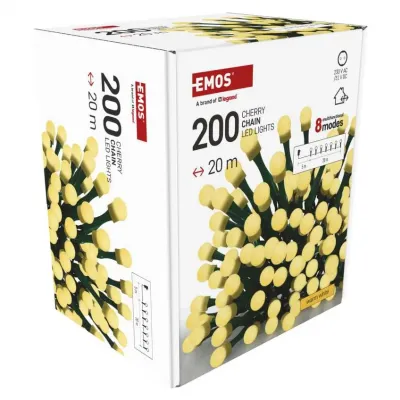 Lampki choinkowe 200 LED cherry 20m ciepła biel zielony przewód IP44 8 programów timer EMOS (D5AW23)
