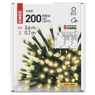 Lampki świąteczne sople 200LED 3,6m ciepła biel IP44 EMOS (D4CW01)