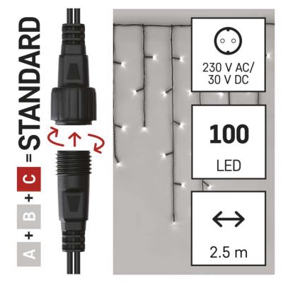 Lampki choinkowe sople łączone Standard 100LED 2,5m zimna biel IP44 timer EMOS (D1CC01)