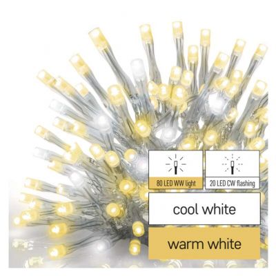 Lampki choinkowe łączone Standard sople 100LED 2,5 m ciepła biel+ciepła biel miga IP44 timer EMOS (D1CN01)