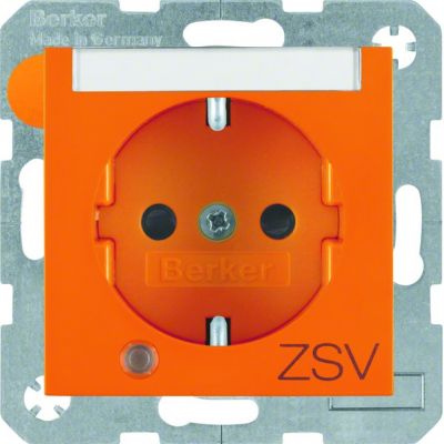 BERKER B.Kwadrat Gniazdo SCHUKO z uziemieniem, diodą kontrolną LED i pole opisowe, nadruk ZSV , pomarańcz 41108914 (41108914)