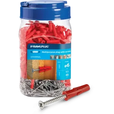 Kołek uniwersalny UNO 6x28mm z wkrętem 4,5x40mm 500szt. RAWLPLUG (R-C1-UNORED+)