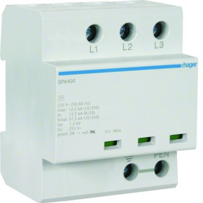 HAGER SPD Ogranicznik przepięć T1 kombinowany 3P TN-C Iimp=37,5kA Up≤1,5kV SPA400 (SPA400)