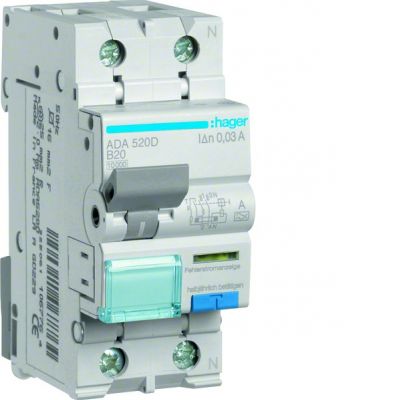 HAGER RCBO Wyłącznik różnicowonadprądowy 1P+N 10kA B20A 30mA Typ A ADA520D (ADA520D)