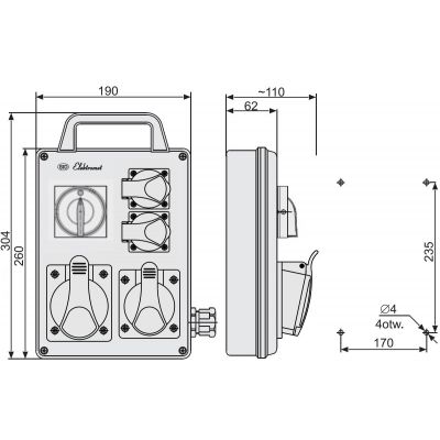 Rozdzielnica budowlana przenośna 1x32A 5P 400V, 1x16A 5P 400V, 2x16A 3P 250V RPK-1 IP44 940001 ELEKTROMET (940001)