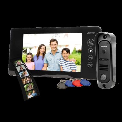 Zestaw wideodomofonowy bezsłuchawkowy, kolor, 7 cal LCD, pin hole, pamięć, z czytnikiem breloków zbliżeniowych, czarny, ARCUS RFID OR-VID-JS-1053/B ORNO (OR-VID-JS-1053/B)