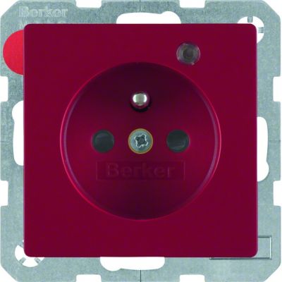 BERKER Q.1/Q.3 Gniazdo z uziemieniem z diodą kontrolną LED, z podwyższoną ochroną styków czerwony, aksamit 6765096015 HAGER (6765096015)