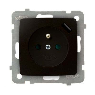 KARO Gniazdo pojedyncze z uziemieniem z przesłonami torów prądowych, z ładowarką USB - kolor czekola (GP-1SZPUSB/m/40)