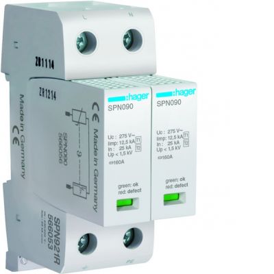 HAGER  SPD Ogranicznik przepięć T1+T2 MOV 2P sieć TN-S Iimp=25 kA Up≤1,5kV styk FM SPN921R (SPN921R)