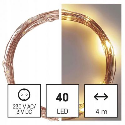 Dekoracje - 40 LED nano łezki 4m ciepła biel miedziany przewód, IP44 timer (D3AW01)