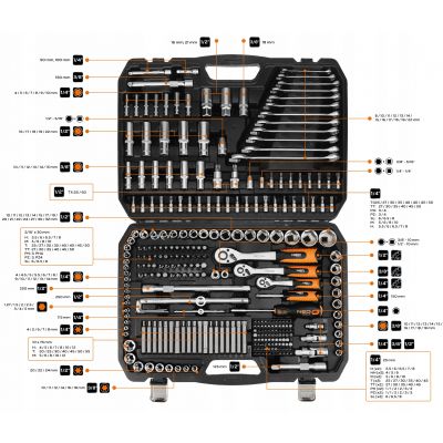 Zestaw klucze nasadowe duży 300 el. 1/2 3/8 1/4 walizka NEO TOOLS (10-218)