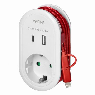 Adapter 1x 2P+Z z ładowarką USB (Typ A+C), 5V DC/ 3,4A, z dodatkowym kablem ładującym (typ C + Light (CS-2(GS))