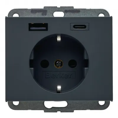 Berker K.1 Gniazdo SCHUKO z ładowarką USB A+C 20W PD, antracyt mat HAGER (48147006)