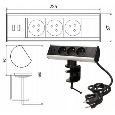 Gniazdo meblowe z uchwytem montażowym, ładowarką USB i przewodem 1,8m, 3x2P+Z, 2xUSB (typ A, 2,1A) ORNO (FS-7)