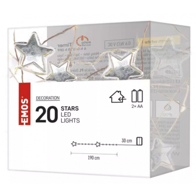Lampki choinkowe gwiazdki 20 LED 2x AA, ciepła biel, srebrny przewód, IP20, timer (DCGW07)
