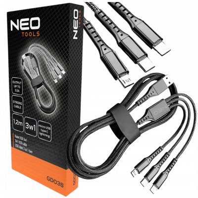KABEL USB 3w1 USB typ C Micro USB Lightning 1,2m czarny nylon GD038 NEO GTX (GD038)