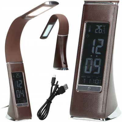 Lampka biurkowa DOLOMIT LED 4000K, 5W DIM z zegarem, imitacja skóry/chrom brązowa ORNO (DL-12/BR)