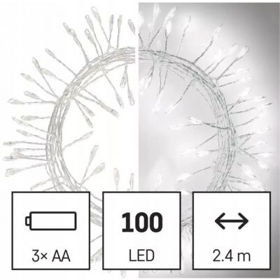 Dekoracje 100LED small nano łezki, jeżyk, 2,4m 3xAA zimna biel, sreb przew, IP20, timer (D3FC01)